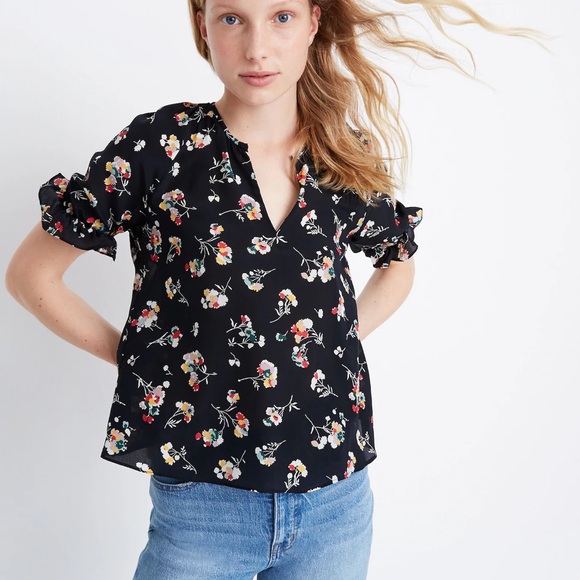 Madewell Silk Notched Ruffle-Cuff Top in Carnation Toss - Picture 1 of 8